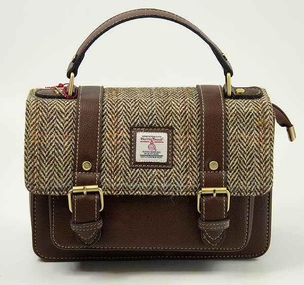 Harris Tweed Medium Satchel Bag 7 in Classic Brown | Authentic Handwoven Scottish Wool Shoulder & Crossbody Bag with Leather Trim | Durable, Stylish Everyday Satchel for Work, Travel & Casual Use