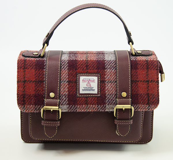 Harris Tweed Medium Satchel Bag DPX-05 Maroon | Authentic Handwoven Scottish Tweed Shoulder Bag | Stylish, Durable & Timeless Everyday Satchel for Work, Travel, Shopping & Classic Fashion Lovers