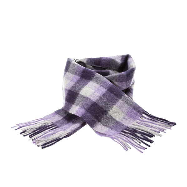 Welsh Woollens 100% Lambswool Scarf Big Check Purple/Oyster
