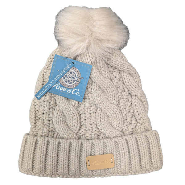 Aran Ladies Pom Pom Hat | Traditional Irish Cable Knit Wool Blend Winter Beanie | Warm, Soft & Stylish Cold Weather Accessory for Women | Classic Aran Knit Design with Cozy Faux Fur Pom Pom
