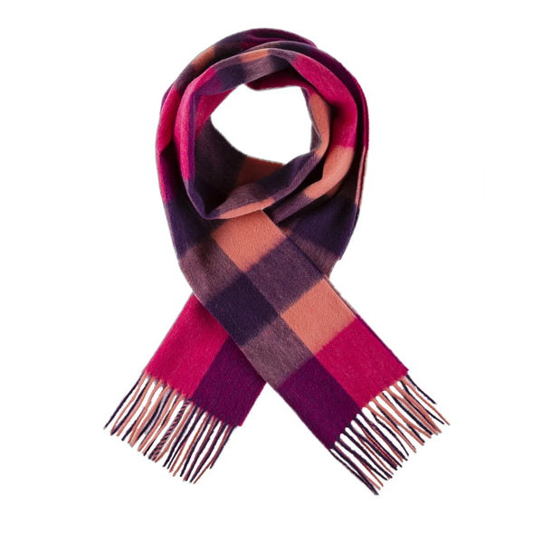 Welsh Woollens 100% Lambswool Scarf Bursted Check Orange/Pink
