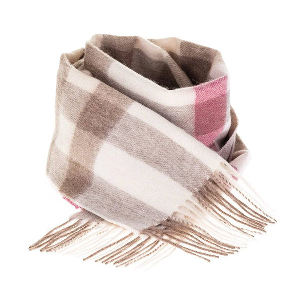 Welsh Woollens 100% Lambswool Scarf Giant Chequer - Pink/Taupe