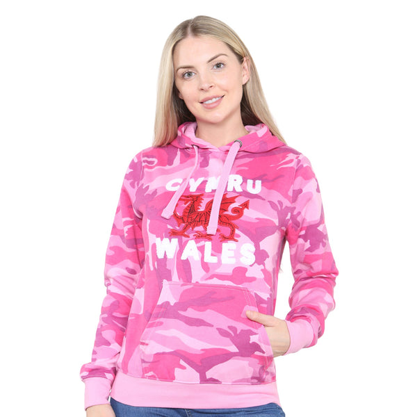 Ladies Pink Camo Cymru Hoodie | Stylish Welsh Dragon Hooded Sweatshirt with Pink Camouflage Design | Soft, Warm & Durable Cotton Blend | Casual Everyday Wear & Gift for Proud Welsh Women